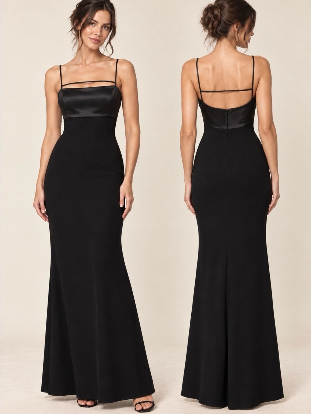 💥Vintage Caché Bianca Nero Black Satin Bodice Column Maxi Gown M🧡